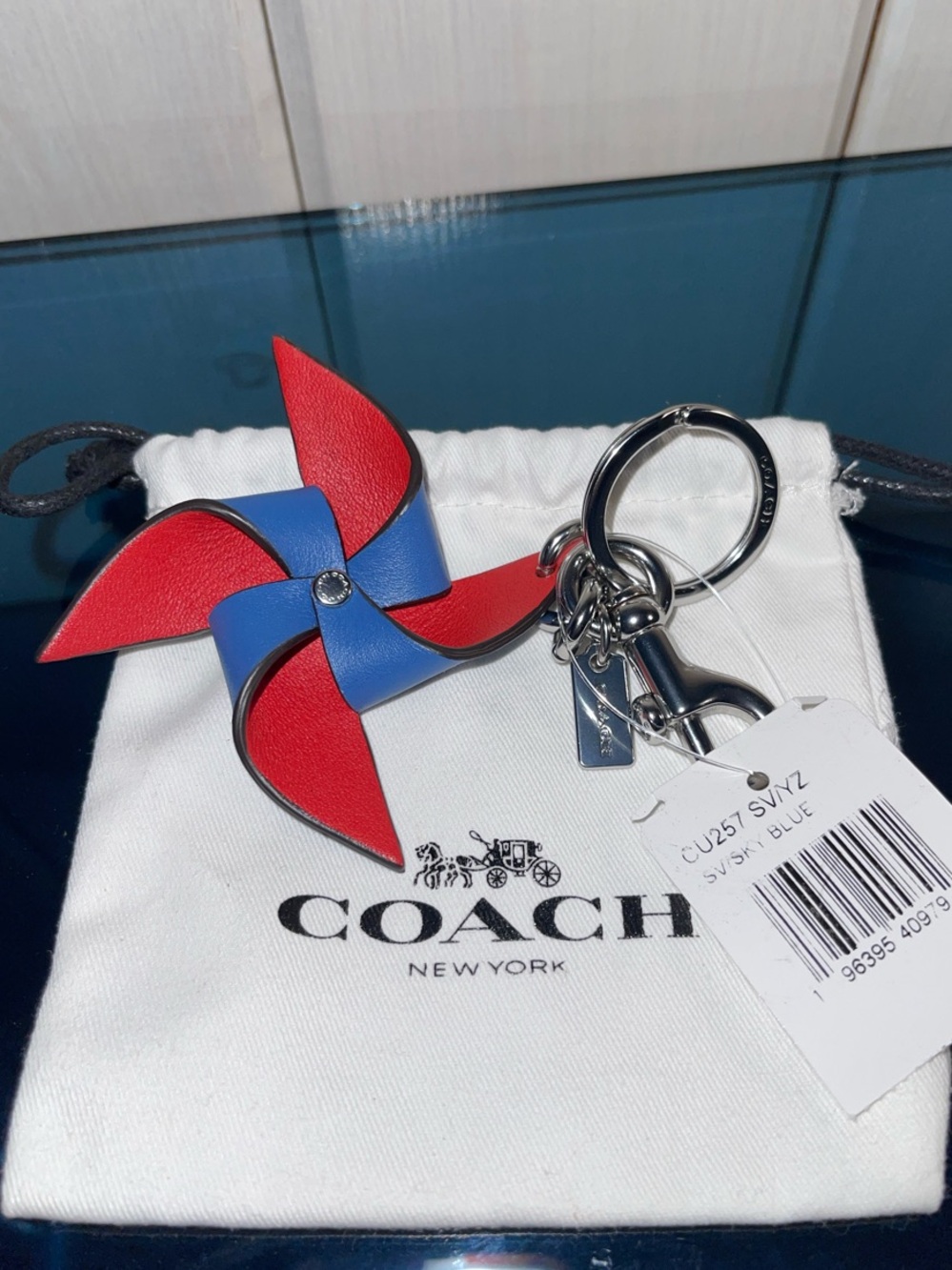 Coach Red and Blue Pinwheel Leather Key Fob Bag Charm NWT & dust bag